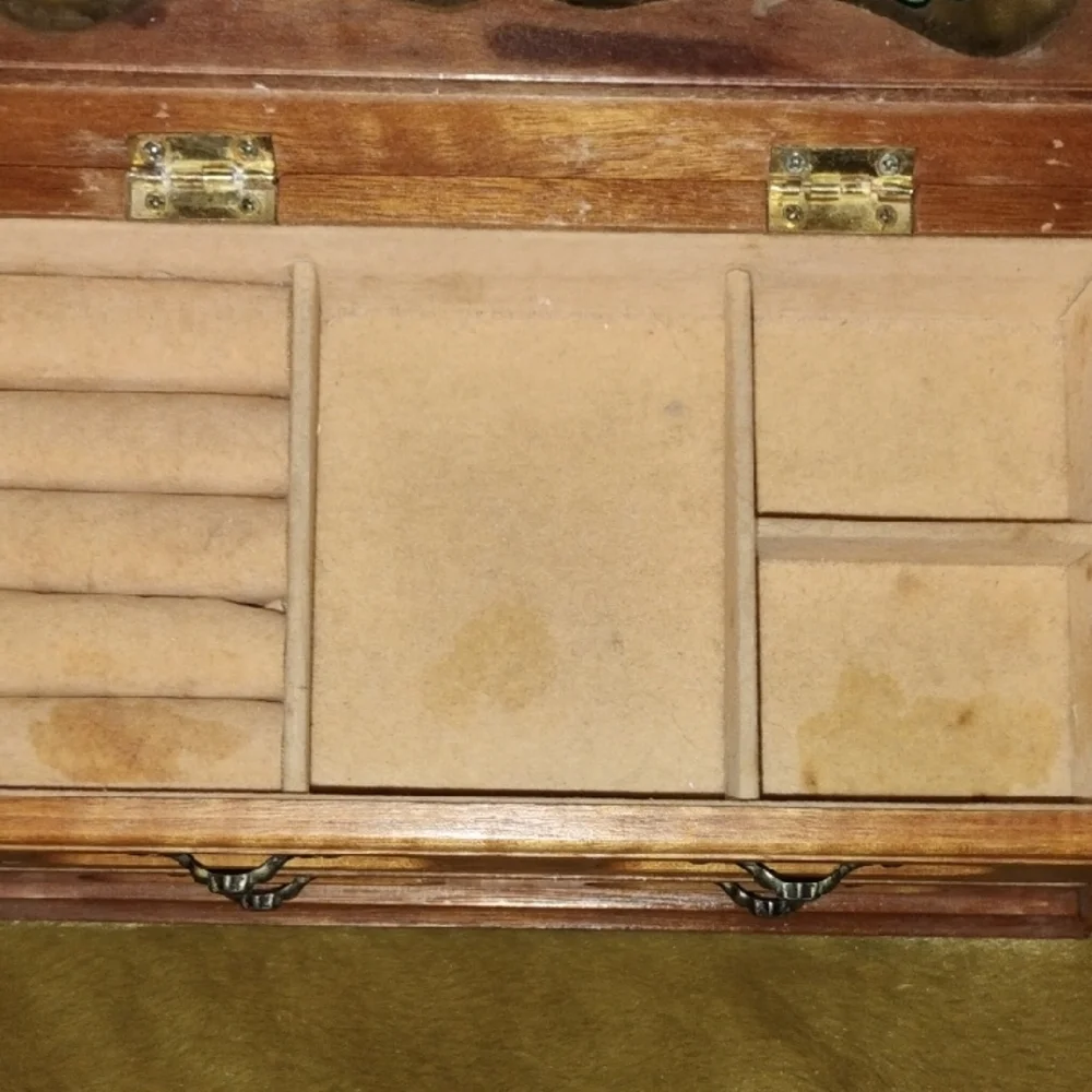 Vintage Stained Glass Wooden Jewelry Organizer with Drawers